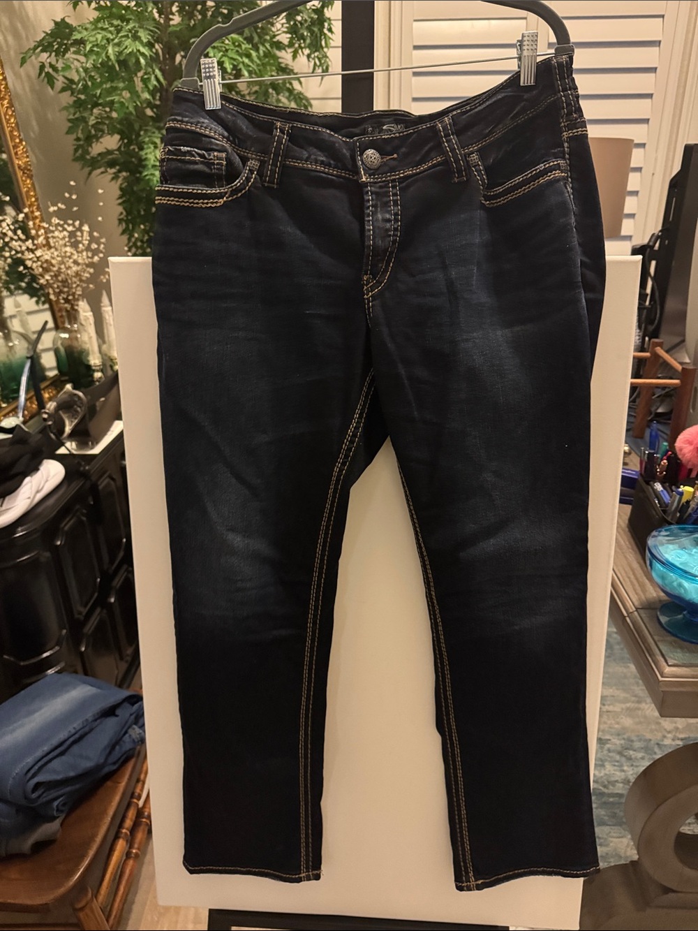 Silver Jeans Dark Blue Straight Leg Jeans with Contrast Stitching